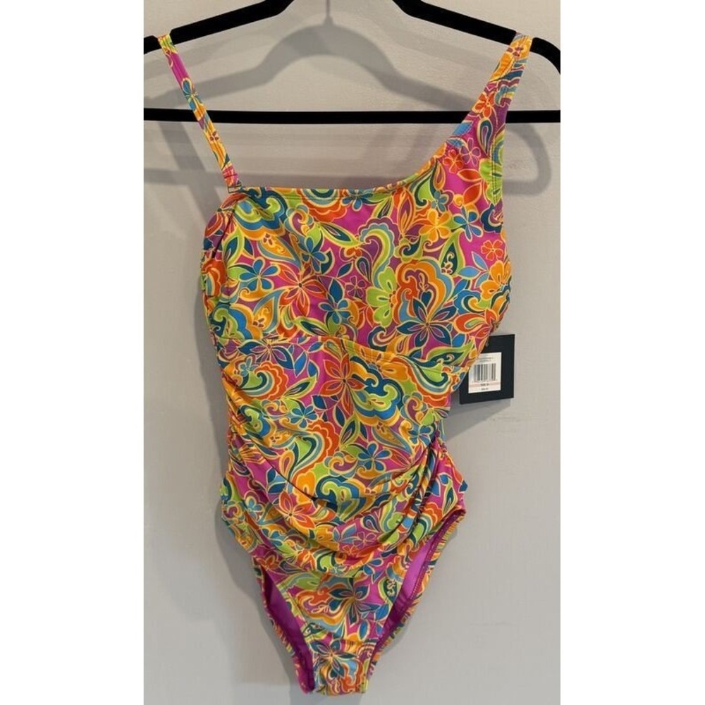 Ellen Tracy Convertible One Shoulder Swimsuit Bright Floral Print New Size 10